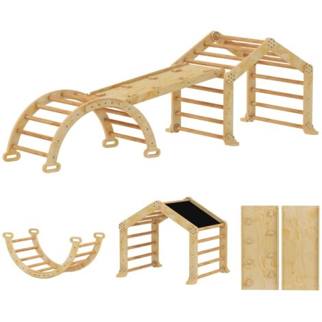 9-en-1 Structure d’escalade intérieure : rampe, toboggan, échelle, tableau noir, pour tout-petits, en bois