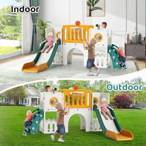 GOPLUS – Toboggan Multifonction 10 En 1 – Balançoire, Panier Basket, Cabane, échelle – 252 X 150 X 102 Cm – 1 An+ – Rose
