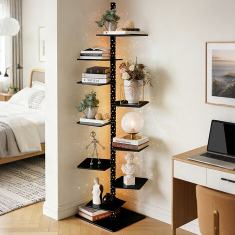 9 Etagen 180x38x38cm Standregal Bücherregal LED Stern Mond Effekt Bodenstehendes Regal Vertikaler Drehbares Bücherturm Regale Wohn Schlafzimmer Schwarz