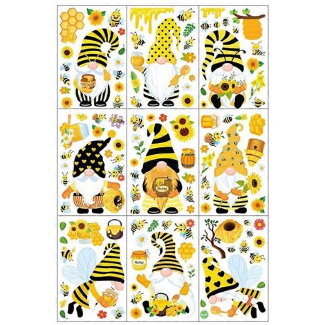 9 feuilles d'autocollants abeilles pour fenêtres, autocollants abeilles gnomes pour fenêtres, printemps-été