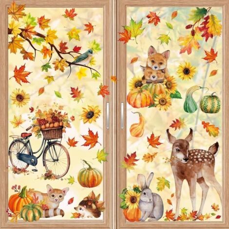 9 feuilles d'autocollants pour fenêtres sur le thème des animaux d'automne et de Thanksgiving. pour fournitures de maison