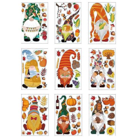 9 feuilles de stickers muraux en verre représentant des gnomes d'automne, parfaits pour décorer une fenêtre ou une chambre. Idée cadeau pour Thanksgiving, une fête ou un festival. Décoration pour la m