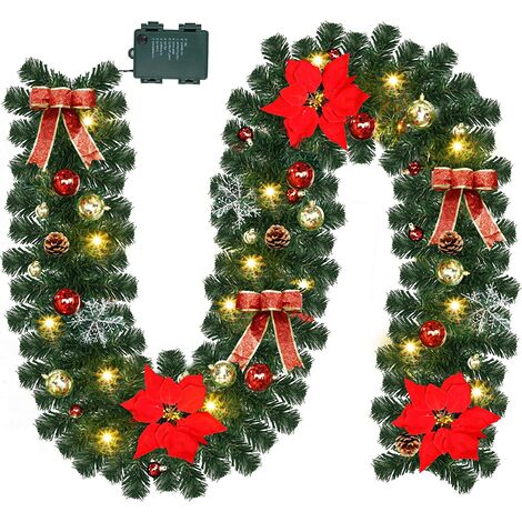 main image of "9 Foot Christmas Lighted Garland, Battery Operated Christmas Garland with Lights, Pre Lit Garland Wreath with Christmas Ball Ornaments for Indoor Home Winter Holiday New Year Xmas Decorations"