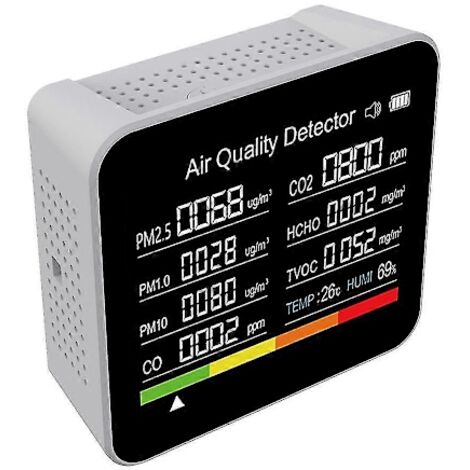 9-in-1-Luftqualitätsmessgerät: Erfasst Kohlendioxid, TVOCs, HCHO, PM2,5, PM1,0, PM10, Temperatur und Luftfeuchtigkeit.