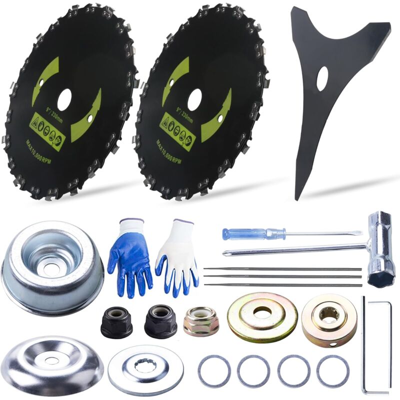 9 in x 20 dents lames de brosse acier carbone rond tronçonneuse 10 in x 3t lames désherbeur - kit adaptateur universel avec 3 limes rondes,