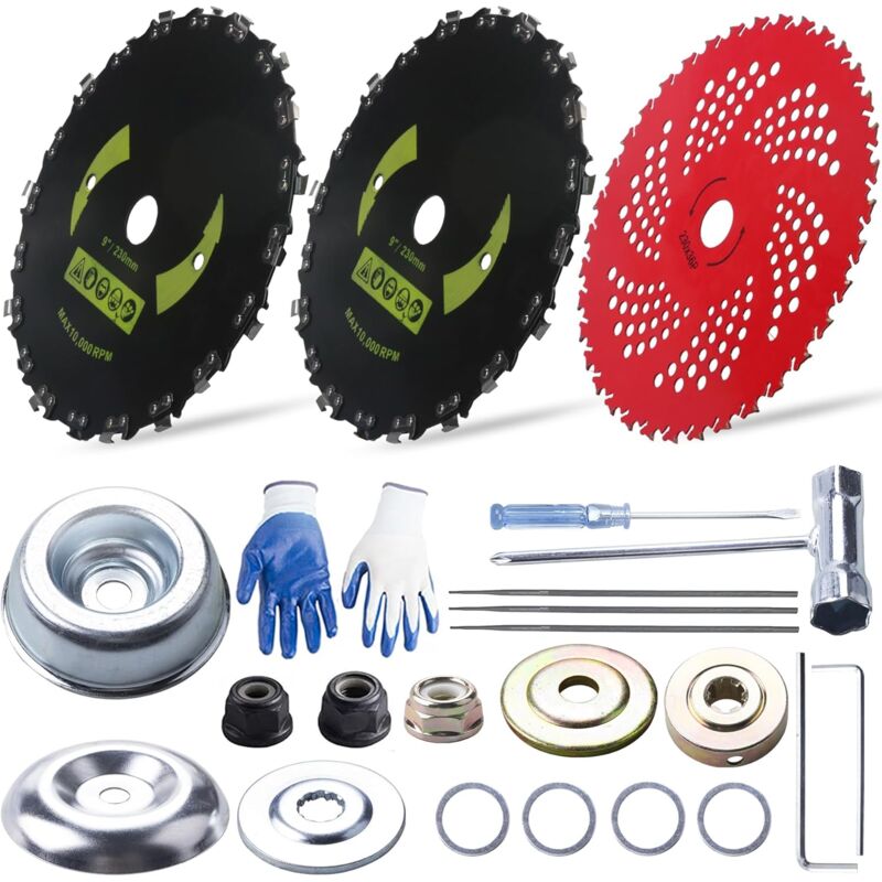 9 in x20 teeth steel round brush blades carbon chainsaw 9 inx36t cutter weed eater blades - kit d'adaptation universel avec 3 limes rondes compatible