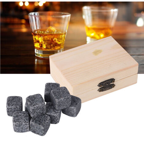 9 Kühlsteine für Whisky und Wein, 9er-Set in sesamgrauer Holzbox, elegantes Bar-Accessoire