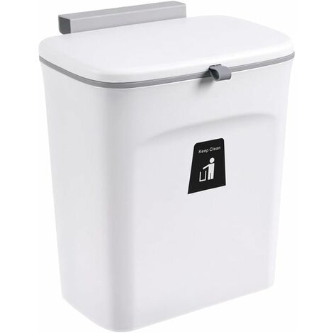 9 L - Poubelle de cuisine à suspendre avec couvercle pour placard/salle de bain/chambre/bureau/camping/toilettes - Blanc