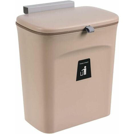 9 L - Poubelle de cuisine à suspendre avec couvercle pour placard/salle de bain/chambre/bureau/camping/toilettes - Fixation murale - Marron
