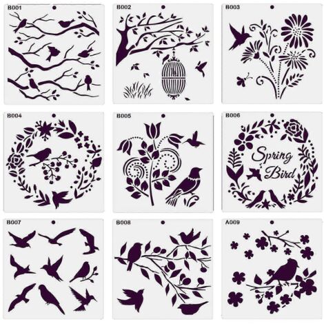 9 Modèles de Pochoirs Oiseaux et Fleurs pour Dessin et Cartes Créatives Enfants