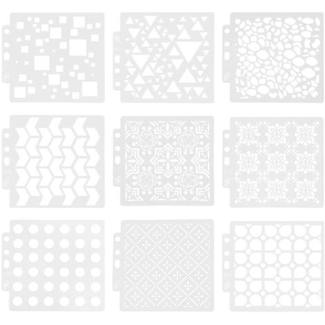 9 modèles de pochoirs réutilisables pour dessin et scrapbooking, idéaux pour projets artistiques et décoration de carnets.