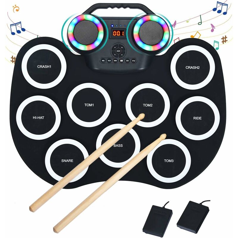 

9 Pads Batería Electrónica Enrollable con LED Kit de Batería con Bluetooth 7 Tonos 10 Demos Batería Enrollable con Pedale y Baquetas para Niños y