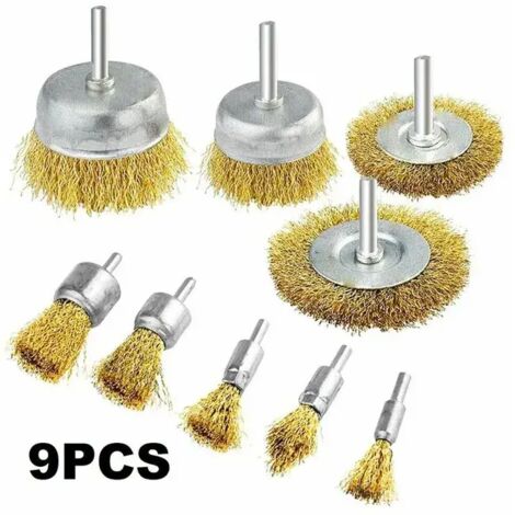 9 PCS Ensemble de mèches de fixation pour perceuse à brosse pour roue de nettoyage de fil revêtu de laiton