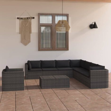 9 PCS Garden Lounge Set con cojín mimbre Pe Gray