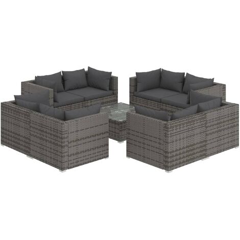 9 PCS Garden Lounge Set con cojín mimbre Pe Gray