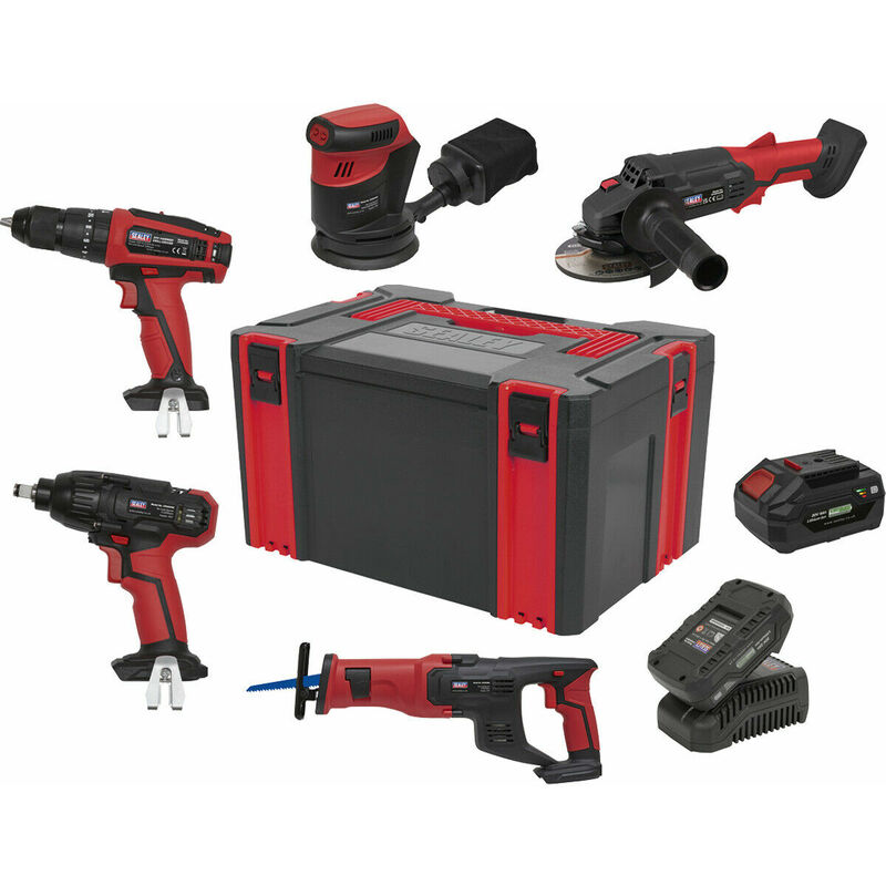9 Piece 20V Cordless Power Tool Bundle - 2 x Batteries & Charger - Toolbox