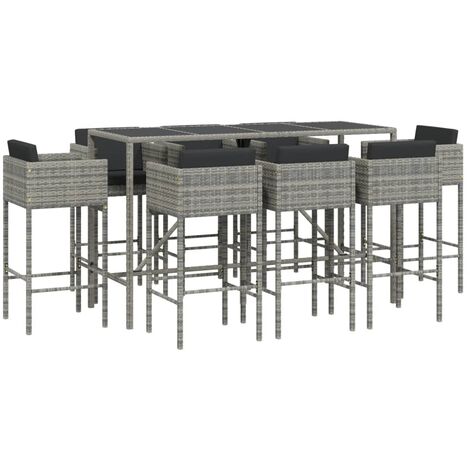 9 Piece Garden Bar Set with Cushions Grey Poly Rattan vidaXL