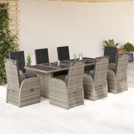 9 Piece Garden Dining Set with Cushions Grey Poly Rattan vidaXL