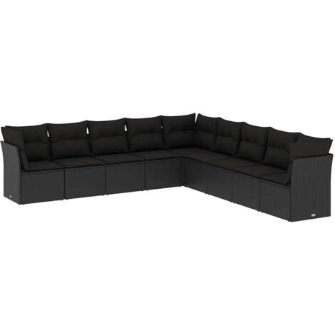 9 Piece Garden Sofa Set with Cushions Black Poly Rattan vidaXL