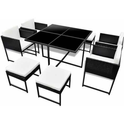 9 Piece Outdoor Dining Set with Cushions Poly Rattan Black vidaXL