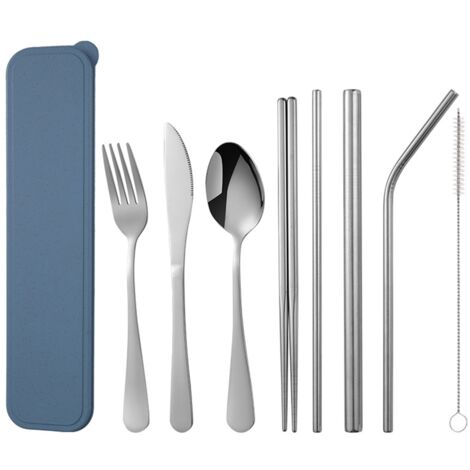 9 Piece Stainless Steel Dinnerware Set for Travel, Office and Camping, Stainless Steel, Silver