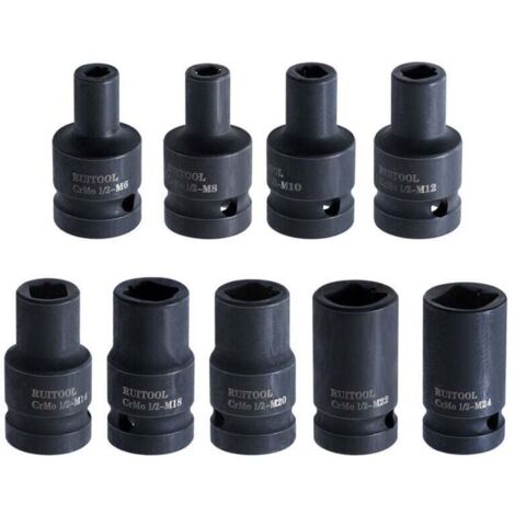 9 Pièces Douille à Choc, Tête De Clé à Douille Pour Clé à Chocs électrique Tailles M6-M24 Douille à Chocs Pneumatique Universelle 1/2" En Acier Au Molybdène CR