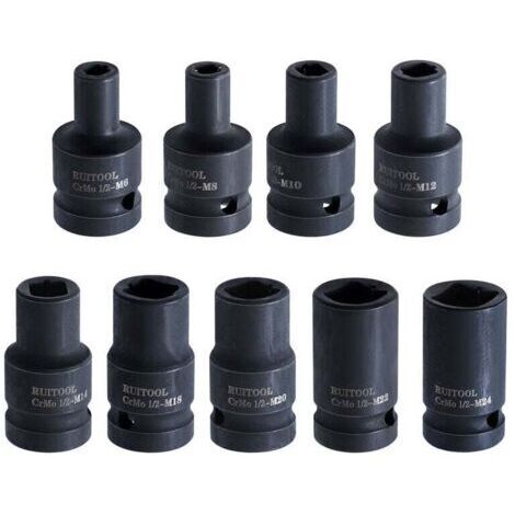 9 Pièces Douille à Choc, Tête De Clé à Douille Pour Clé à Chocs électrique Tailles M6-M24 Douille à Chocs Pneumatique Universelle 1/2" En Acier Au Molybdène CR