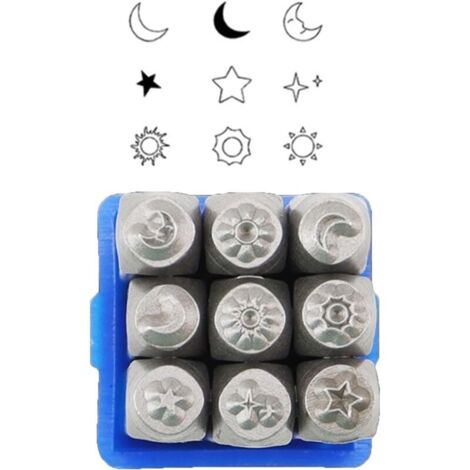 9 pièces d’outils de poinçonnage métalliques (3 mm), en acier inoxydable, motifs soleil et étoiles – idéal pour la fabrication de bijoux artisanaux