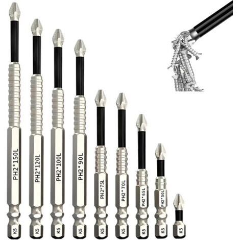 9 Pièces Embout Visseuse Aimanté Antidérapant, Longueur 25/50/65/70/75/90/100/120/150mm, Multifonction pour Perceuse Électrique