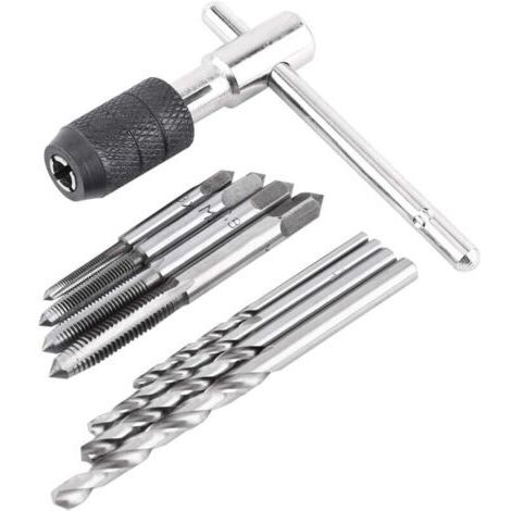 9 Pièces/ensemble de Tarauds à Vis, 1 Clé à Taraud en Forme de T, 4 Tarauds et 4 Forets Hélicodaux, Jeu de Clés à Taraud en Acier à Roulement de Haute Qualité, Forets Torsadés Filetage Taraudage Kit
