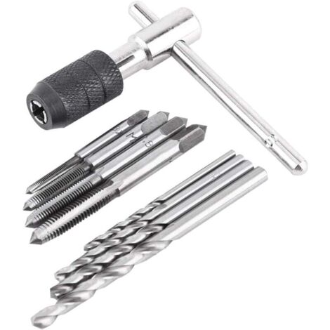 9 Pièces/ensemble de Tarauds à Vis, 1 Clé à Taraud en Forme de T, 4 Tarauds et 4 Forets Hélicodaux, Jeu de Clés à Taraud en Acier à Roulement de Haute Qualité, Forets Torsadés Filetage Taraudage Kit