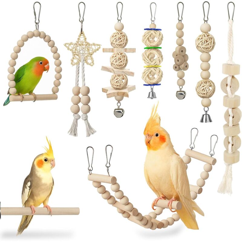9 Pièces Jouets en Bois pour Oiseaux : Balançoires, Échelles, Cloches et Accessoires à Mâcher