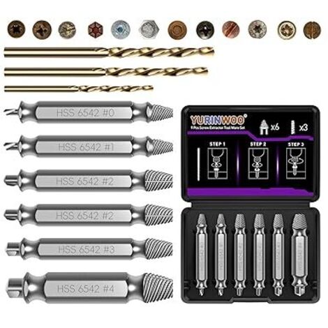 9 Pièces kit Extracteur de Vis Cassée Avec 3 Forets, Dureté 63-65HRC, Fabriqué en HSS 6542, Extracteur de Vis Dénudé, Extracteur de Petite Vis Pour Percer et Enlever des Vis Endommagées