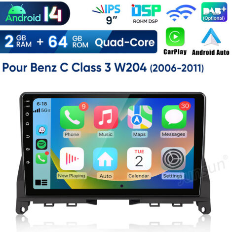 9 pouces Carplay Autoradio pour Benz W204 2006-2011 Android 2+64GB JUNSUN