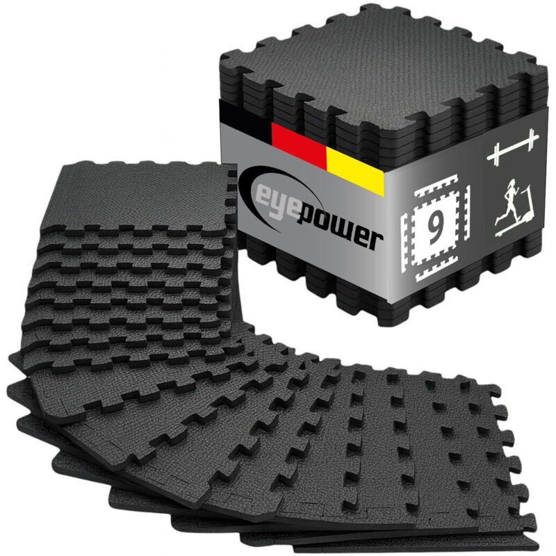 eyepower 9 Puzzlematten Bodenschutz Fitness - 30x30 Schwarz - Sport Bodenmatte Home Gym