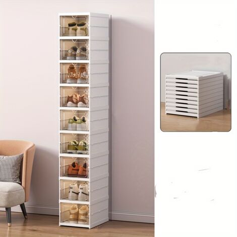 9-Schicht Klare Kunststoff-Schuhbox mit Transparentem Design, Stapelbare Aufbewahrung für Sneaker und High Heels, Einfacher Zugang Organizer, Weiß, size:34.5x25.5x157cm