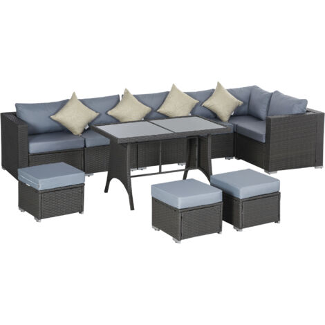 9-Seater Garden Rattan Furniture 10 Pcs Rattan Corner Dining Sofa Set, Grey/Dusty Blue Cushion