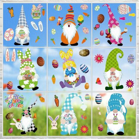 9 Sheets Easter Decorations Window Stickers Easter Bunny Gnome Window Stickers Eggs Carrot Bunny Flowers Decals Decor for Easter Home, Office, School, Party