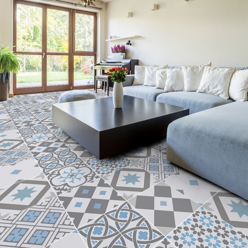 Stickers Sol Anti-dérapant avec Protection - CARREAUX DE CIMENT PASSERANO - 90x90cm-9stickers30x30cm