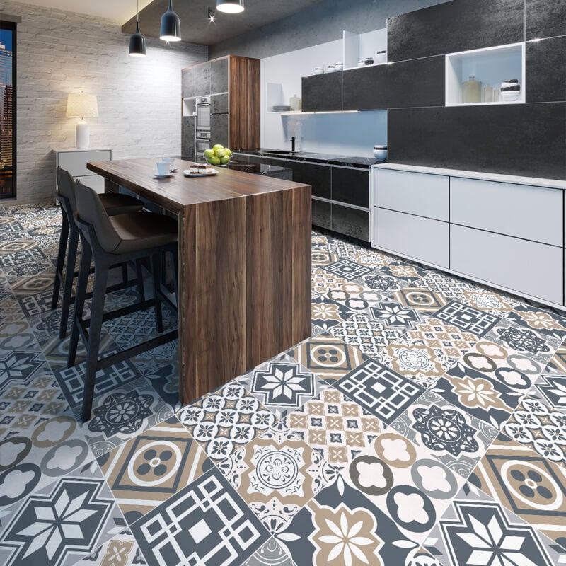 Stickers Sol Anti-dérapant avec Protection - carreaux de ciment piano - 120x120cm-9stickers40x40cm