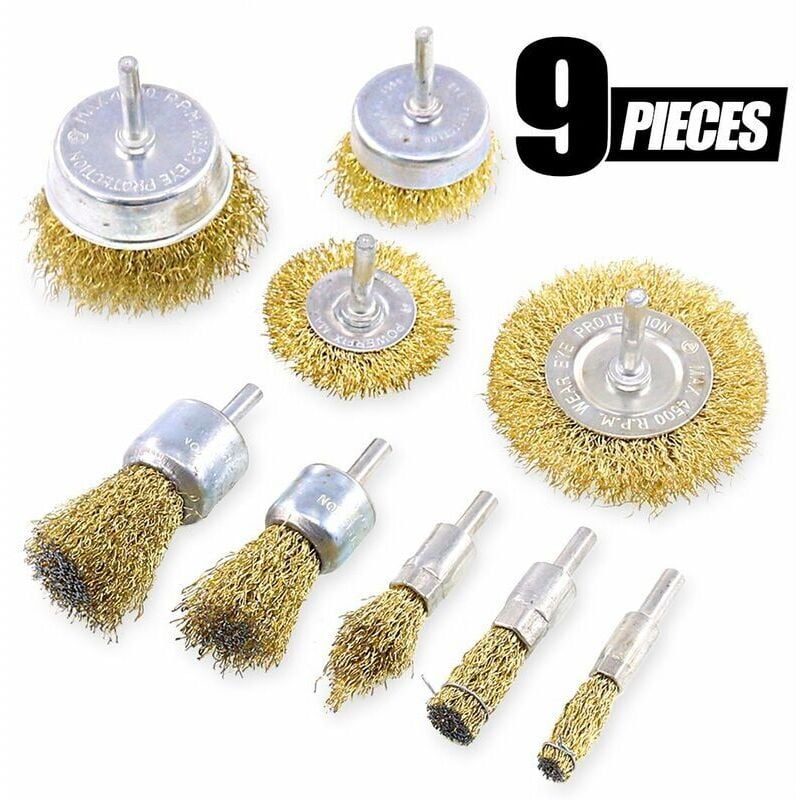 Image of 9-teiliges Drahtbürsten-Set für Metallbohrer und Schleifmaschinen, Rundbürste mit 1/4-Zoll-Schaft