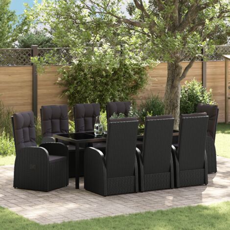 9-teiliges Garten-Dining-Set mit Kissen Schwarz Poly-Rattan vidaXL