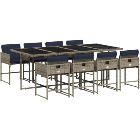 9-teiliges Garten-Ess-Set mit Kissen, grau, Polyrattan vidaXL