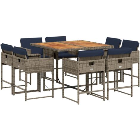 9-teiliges Garten-Ess-Set mit Kissen, grau, Polyrattan vidaXL