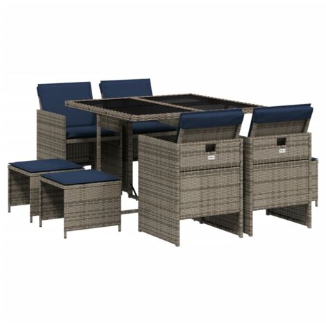 9-teiliges Garten-Ess-Set mit Kissen, grau, Polyrattan vidaXL