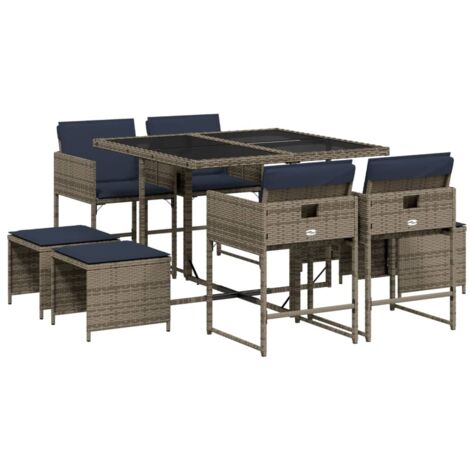 9-teiliges Garten-Ess-Set mit Kissen, grau, Polyrattan vidaXL
