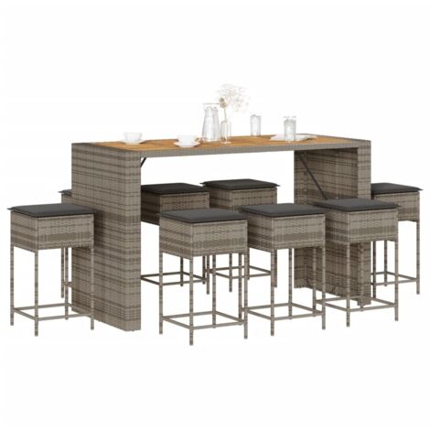 9-teiliges Gartenbar-Set mit grauen Polyrattan-Kissen