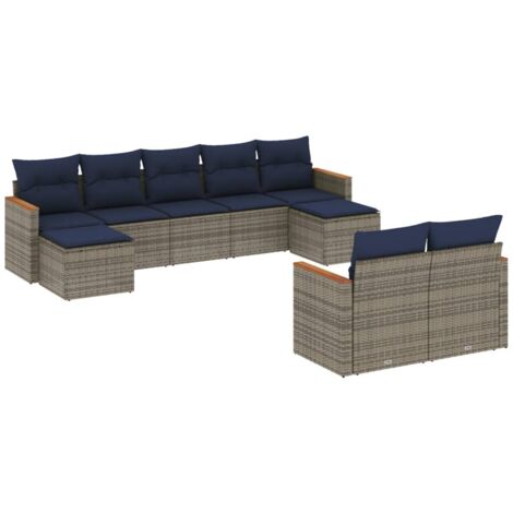9-teiliges Gartensofa-Set mit Kissen, grau, Polyrattan vidaXL