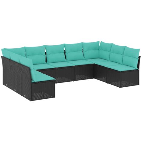 9-teiliges Gartensofa-Set mit Kissen, schwarzes Polyrattan vidaXL