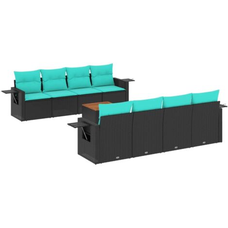 9-teiliges Gartensofa-Set mit Kissen, schwarzes Polyrattan vidaXL